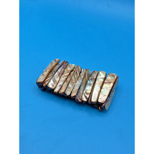 Peach Abalone mop shell chunky cuff stretch bracelet jewelry. Valentine's Gift!